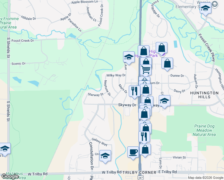 map of restaurants, bars, coffee shops, grocery stores, and more near 6008 Neptune Drive in Fort Collins