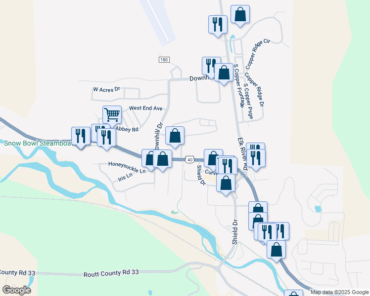map of restaurants, bars, coffee shops, grocery stores, and more near 2128 County Shop Road in Steamboat Springs
