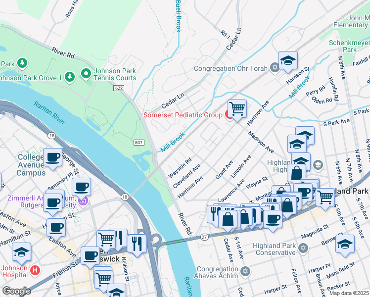map of restaurants, bars, coffee shops, grocery stores, and more near 801 Mia Drive in Highland Park