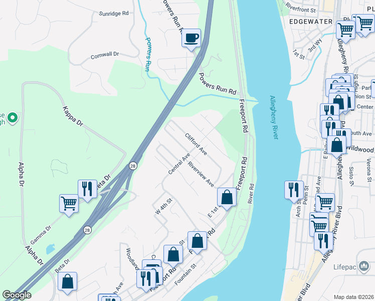 map of restaurants, bars, coffee shops, grocery stores, and more near 199 Central Avenue in Pittsburgh