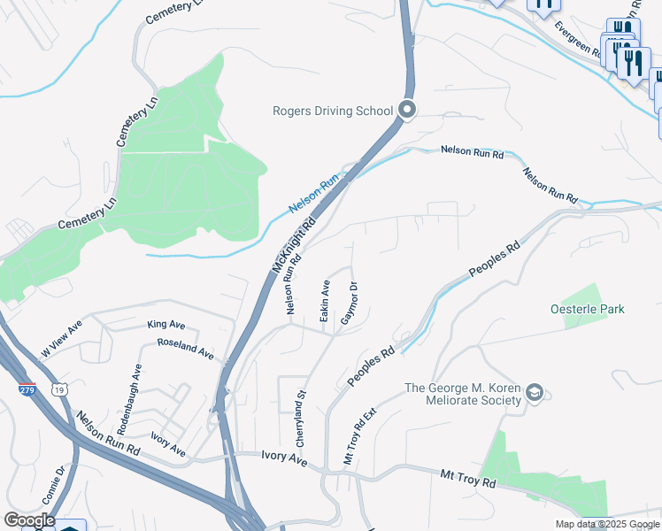 map of restaurants, bars, coffee shops, grocery stores, and more near 127 Gaymor Drive in Pittsburgh
