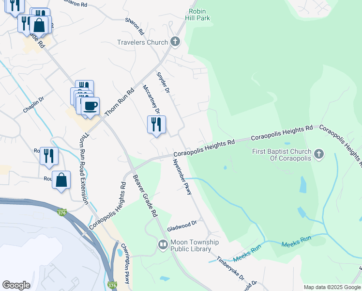 map of restaurants, bars, coffee shops, grocery stores, and more near 1499 Coraopolis Heights Road in Coraopolis