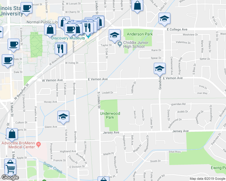 map of restaurants, bars, coffee shops, grocery stores, and more near 215 Lindell Drive in Normal