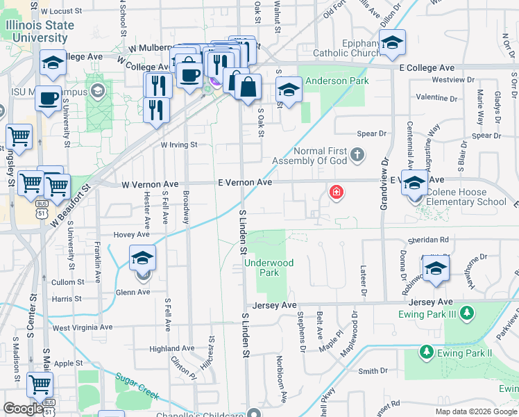 map of restaurants, bars, coffee shops, grocery stores, and more near 203 Lindell Drive in Normal