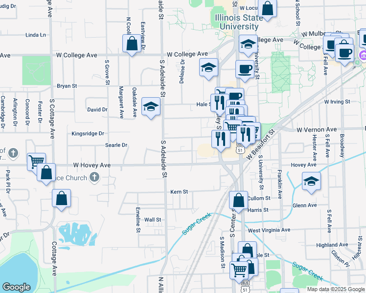 map of restaurants, bars, coffee shops, grocery stores, and more near 1005 Morgan Street in Normal
