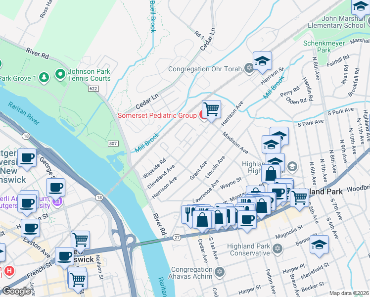 map of restaurants, bars, coffee shops, grocery stores, and more near 221 Harrison Avenue in Highland Park
