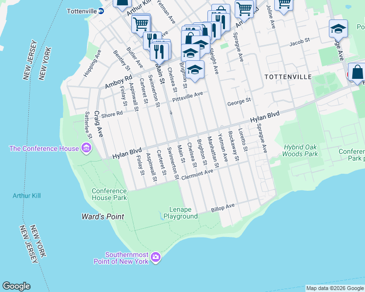 map of restaurants, bars, coffee shops, grocery stores, and more near 233 Swinnerton Street in Staten Island