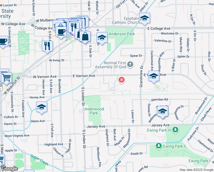 map of restaurants, bars, coffee shops, grocery stores, and more near 321 East Vernon Avenue in Normal