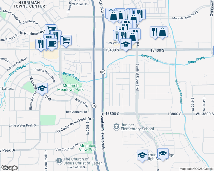 map of restaurants, bars, coffee shops, grocery stores, and more near Mountain View Corridor in Riverton