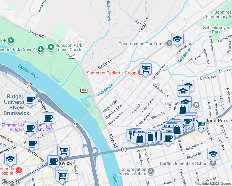 map of restaurants, bars, coffee shops, grocery stores, and more near 601 Greenland Square in Highland Park