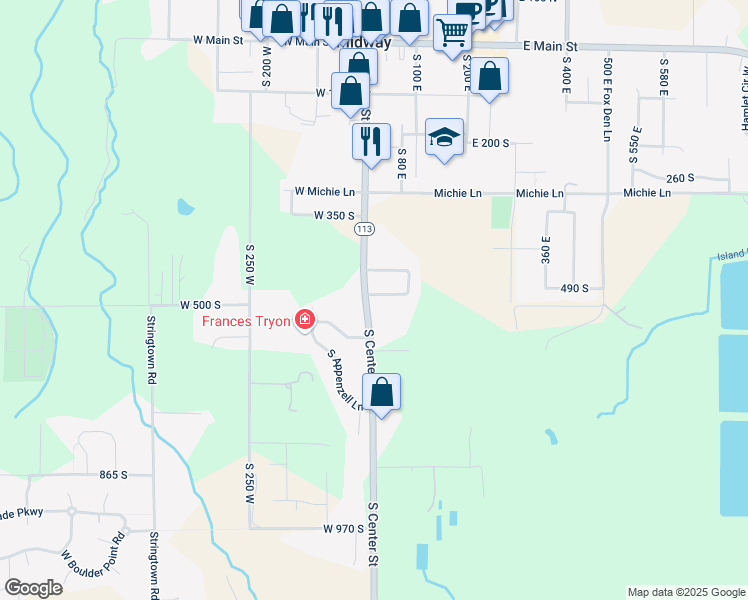 map of restaurants, bars, coffee shops, grocery stores, and more near 32 East 500 South in Midway