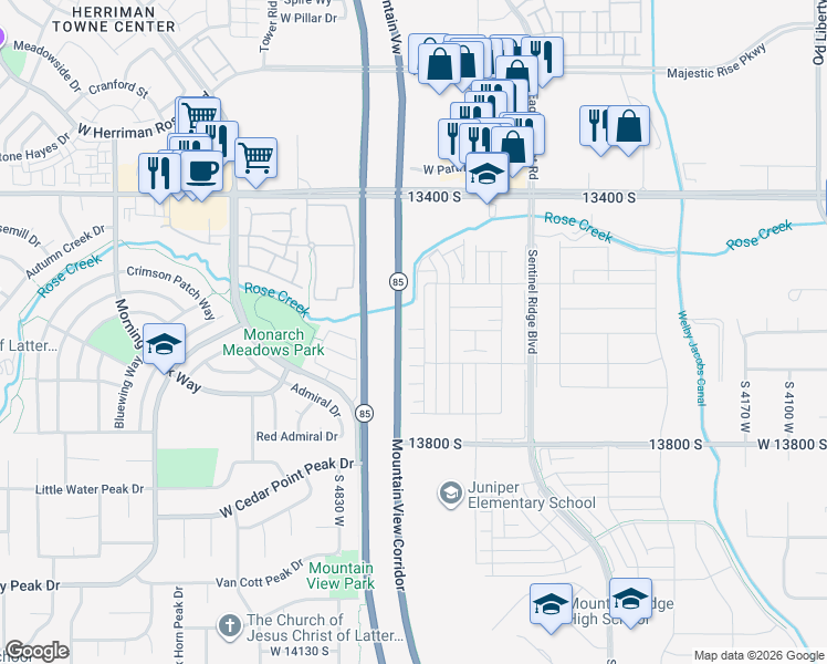 map of restaurants, bars, coffee shops, grocery stores, and more near Mountain View Corridor in Riverton