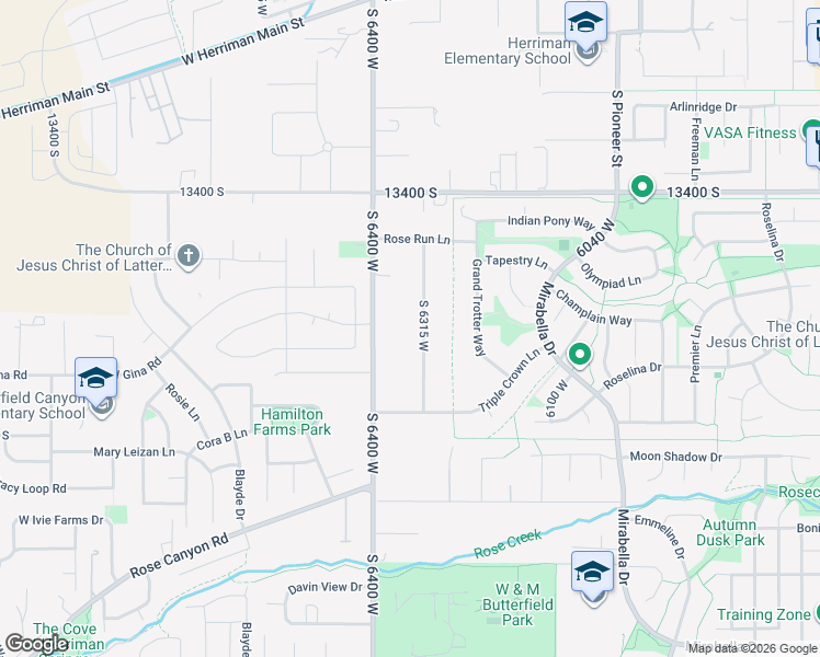 map of restaurants, bars, coffee shops, grocery stores, and more near 13605 Rose Canyon Road in Herriman