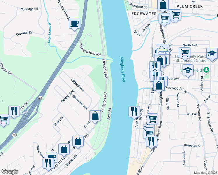 map of restaurants, bars, coffee shops, grocery stores, and more near 22 River Road in Pittsburgh