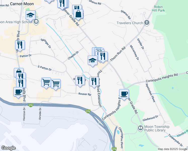 map of restaurants, bars, coffee shops, grocery stores, and more near 1140 Thorn Run Road in Coraopolis