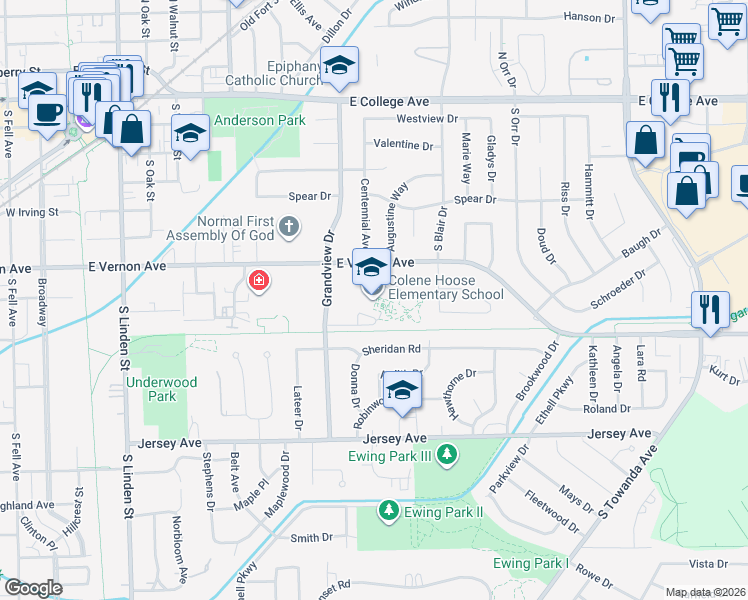 map of restaurants, bars, coffee shops, grocery stores, and more near 1101-1199 E Vernon Ave in Normal