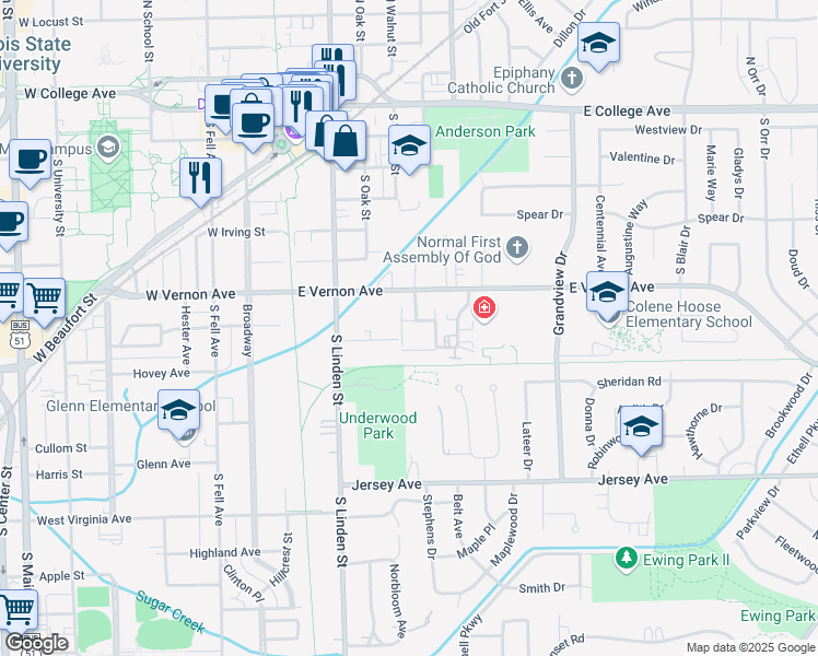 map of restaurants, bars, coffee shops, grocery stores, and more near in Normal
