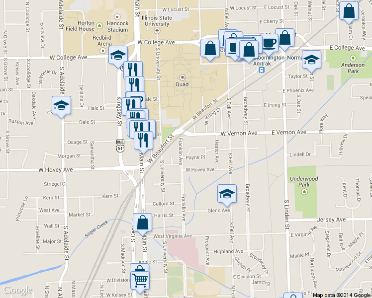 map of restaurants, bars, coffee shops, grocery stores, and more near 423 West Vernon Avenue in Normal