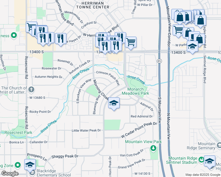 map of restaurants, bars, coffee shops, grocery stores, and more near 13632 Daggerwing Way in Riverton