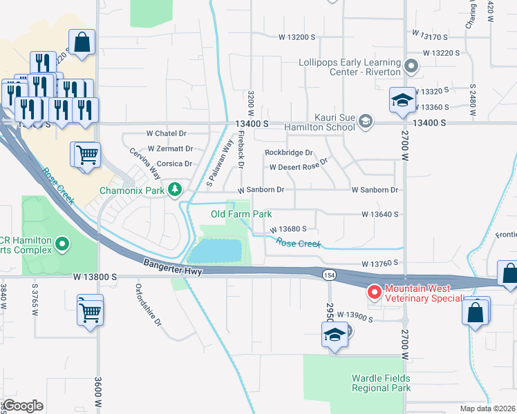 map of restaurants, bars, coffee shops, grocery stores, and more near 13638 South 3160 West in Riverton