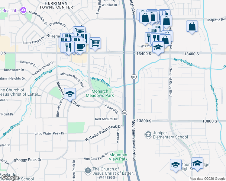 map of restaurants, bars, coffee shops, grocery stores, and more near 13624 Danaus Way in Riverton