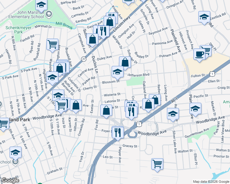 map of restaurants, bars, coffee shops, grocery stores, and more near 45 Lilac Street in Edison