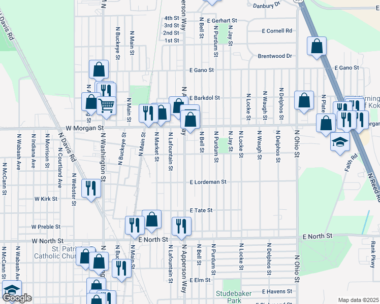 map of restaurants, bars, coffee shops, grocery stores, and more near 502 East Spraker Street in Kokomo