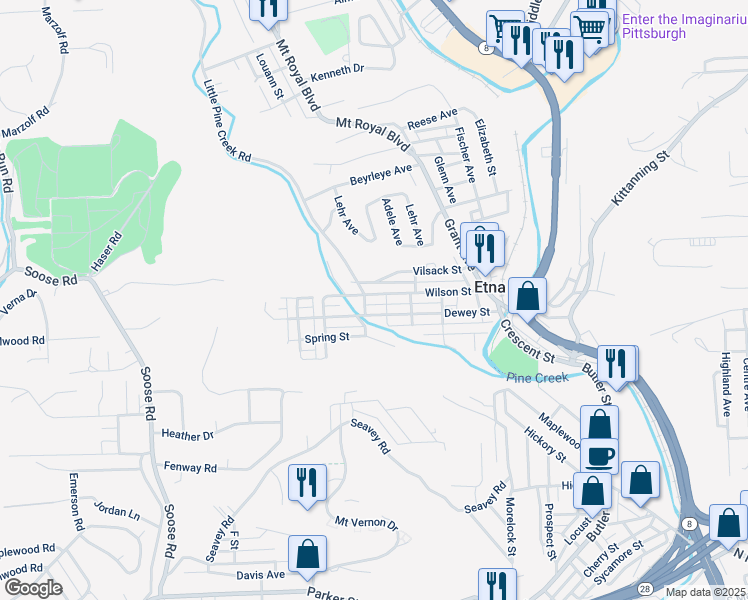 map of restaurants, bars, coffee shops, grocery stores, and more near 103 Wilson Street in Pittsburgh