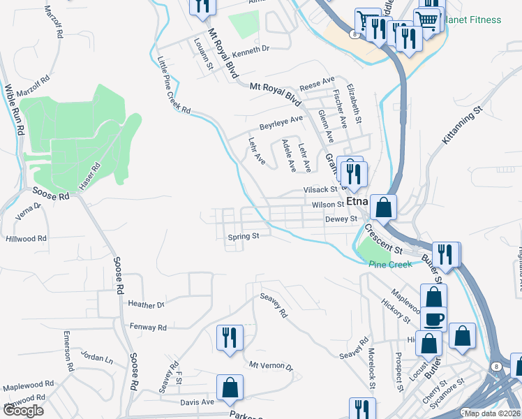 map of restaurants, bars, coffee shops, grocery stores, and more near 90 Vilsack Street in Etna