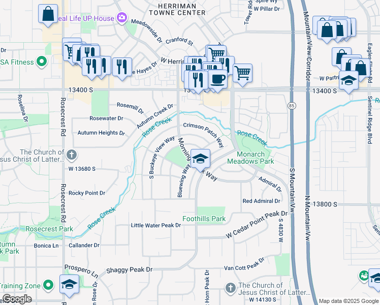 map of restaurants, bars, coffee shops, grocery stores, and more near 13627 Morning Cloak Way in Riverton