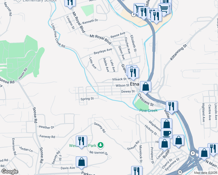 map of restaurants, bars, coffee shops, grocery stores, and more near 65 Vilsack Street in Pittsburgh