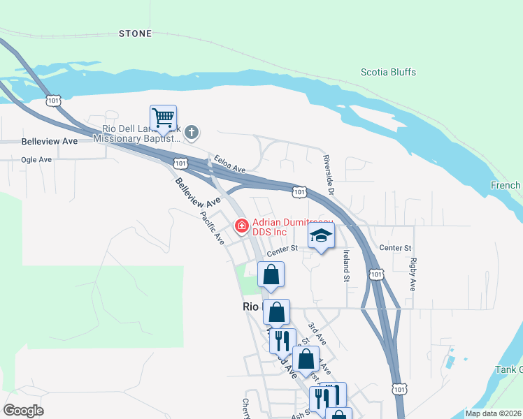 map of restaurants, bars, coffee shops, grocery stores, and more near 24 North Street in Rio Dell