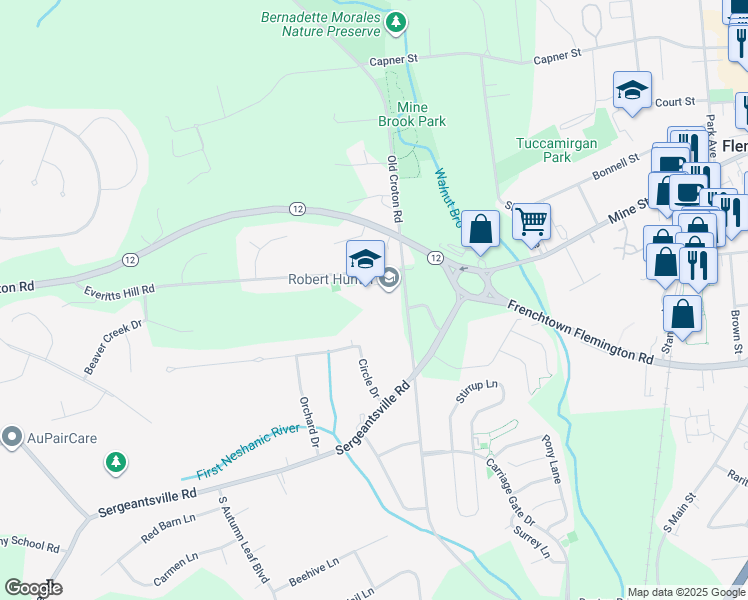 map of restaurants, bars, coffee shops, grocery stores, and more near 8 Dayton Road in Flemington