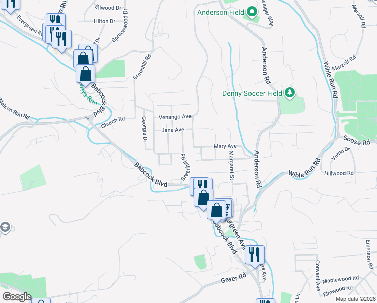 map of restaurants, bars, coffee shops, grocery stores, and more near 177 Mary Avenue in Pittsburgh