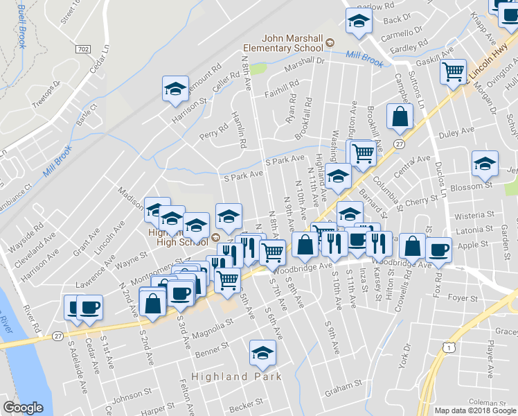 map of restaurants, bars, coffee shops, grocery stores, and more near 111 North 7th Avenue in Highland Park