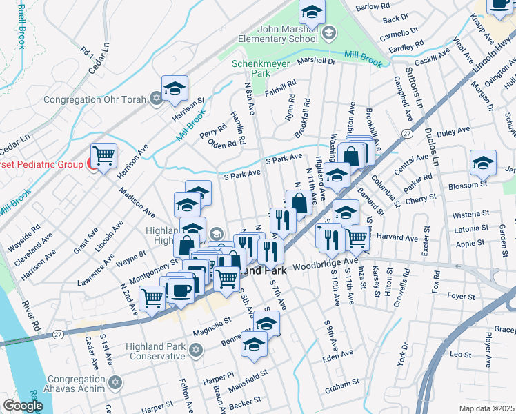 map of restaurants, bars, coffee shops, grocery stores, and more near 111 North 7th Avenue in Highland Park