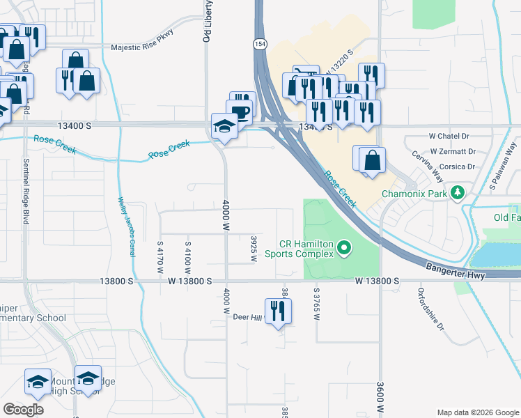 map of restaurants, bars, coffee shops, grocery stores, and more near 2200 13615 South in Riverton