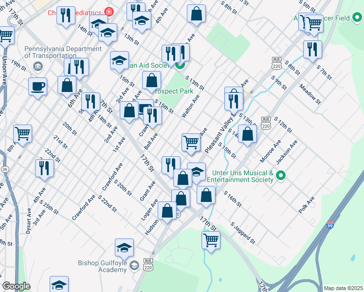 map of restaurants, bars, coffee shops, grocery stores, and more near 1539-45 Grant Avenue in Altoona