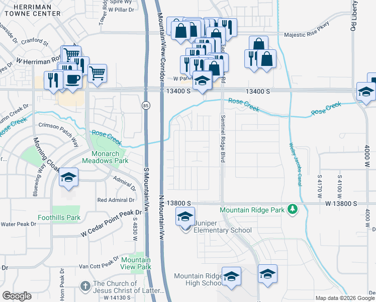 map of restaurants, bars, coffee shops, grocery stores, and more near Mountain View Corridor Trail in Riverton