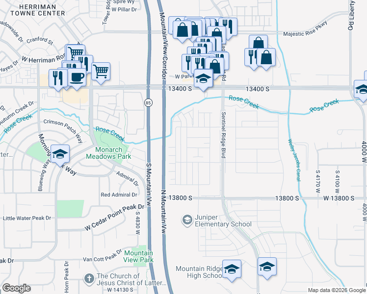map of restaurants, bars, coffee shops, grocery stores, and more near Mountain View Corridor Trail in Riverton