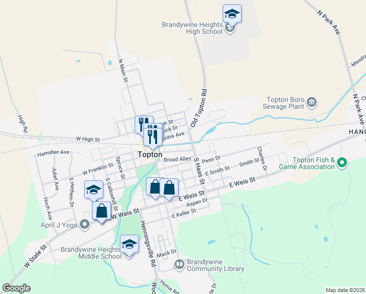 map of restaurants, bars, coffee shops, grocery stores, and more near 128C Centre Avenue in Topton