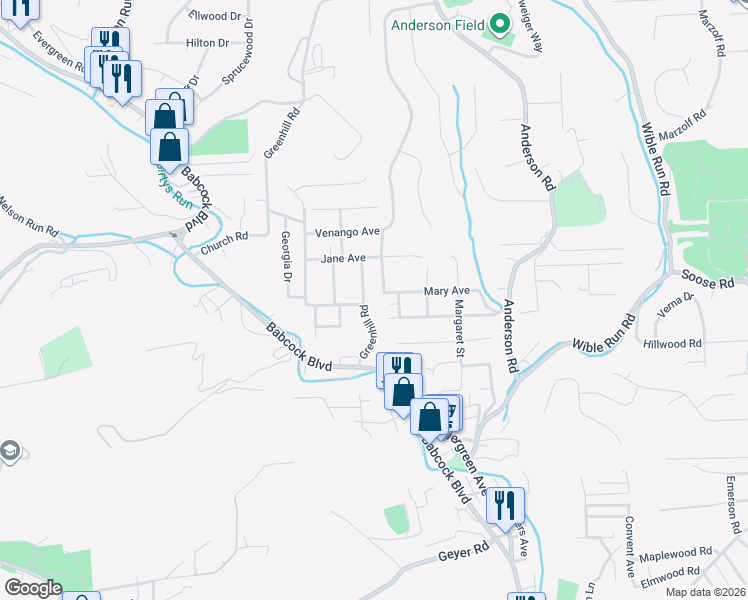 map of restaurants, bars, coffee shops, grocery stores, and more near 177 Mary Avenue in Pittsburgh