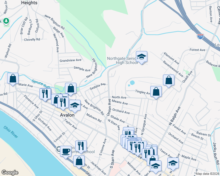 map of restaurants, bars, coffee shops, grocery stores, and more near 39 Union Avenue in Pittsburgh