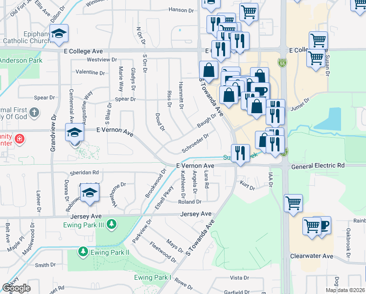 map of restaurants, bars, coffee shops, grocery stores, and more near 1309 Baugh Drive in Normal