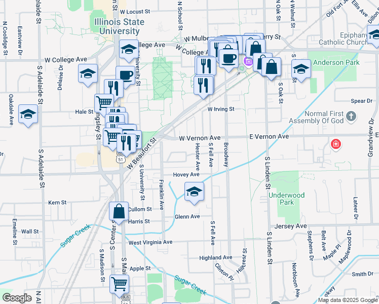 map of restaurants, bars, coffee shops, grocery stores, and more near 405 West Vernon Avenue in Normal