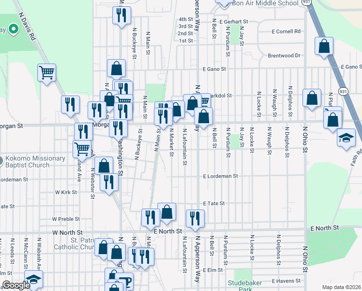 map of restaurants, bars, coffee shops, grocery stores, and more near 2009 North Lafountain Street in Kokomo
