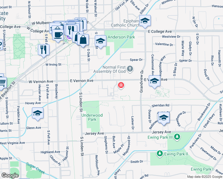 map of restaurants, bars, coffee shops, grocery stores, and more near 605 Hillview Drive in Normal