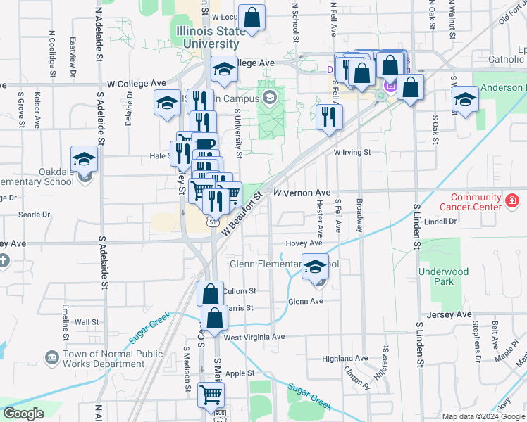 map of restaurants, bars, coffee shops, grocery stores, and more near 705 Franklin Avenue in Normal