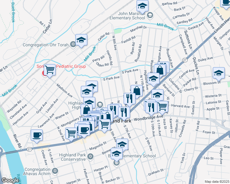 map of restaurants, bars, coffee shops, grocery stores, and more near 135 North 6th Avenue in Highland Park