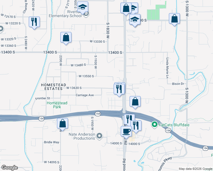 map of restaurants, bars, coffee shops, grocery stores, and more near 1838 West 13630 South in Riverton